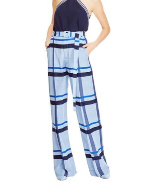 Lela Rose Hi Rise Blue Plaid Wide Leg Pants 6
